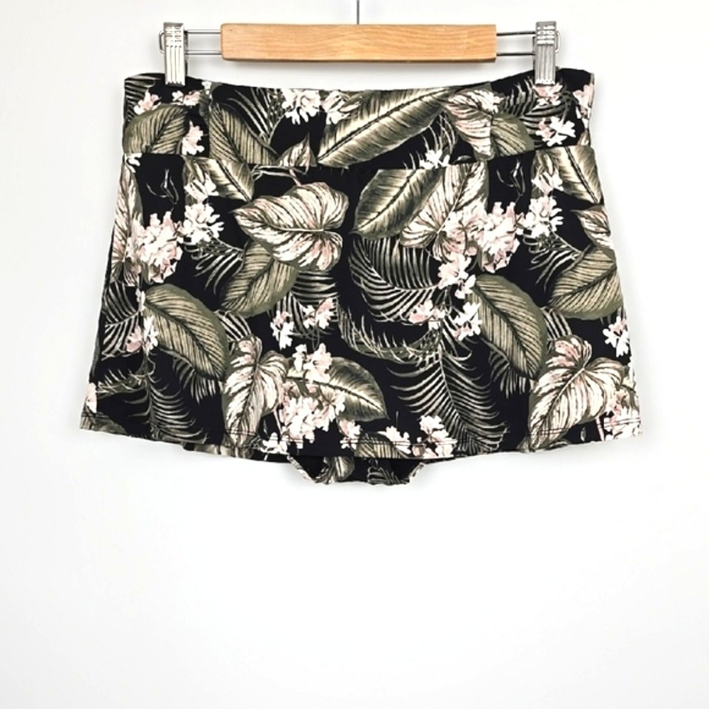 La Vie en Rose Women's Black Green Tropical Print Skirted Bikini Bottom Medium